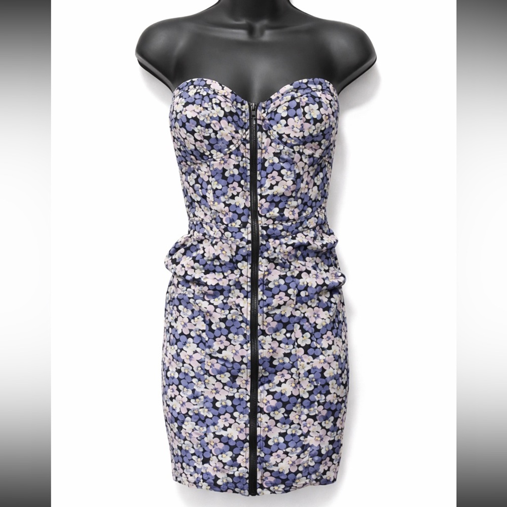 Divided Blue and White Floral Strapless Dress